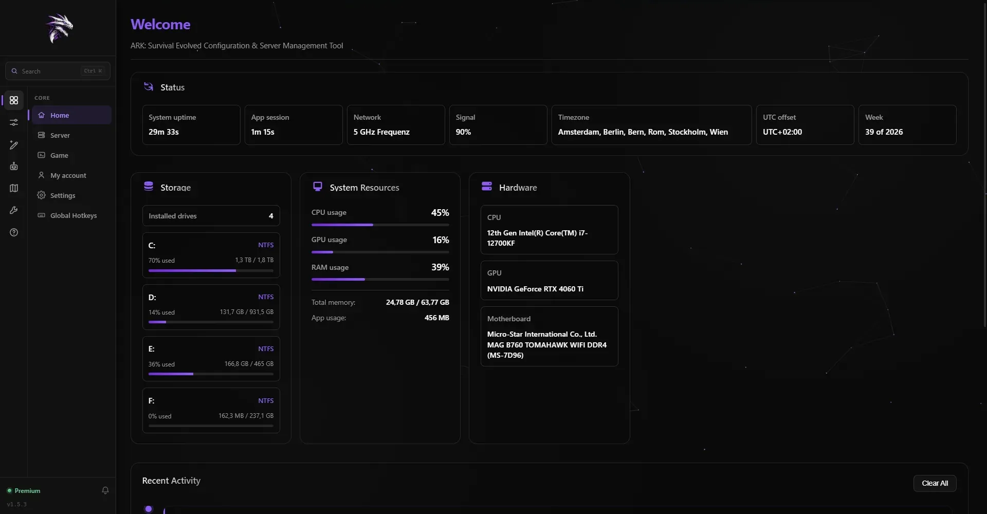 RazorReaper home dashboard with status, storage, system resources and hardware panels